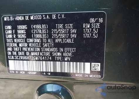 2016 Honda Hr-V Ex-L z USA, uszkodzony, nr VIN 3CZRU6H72GM764174